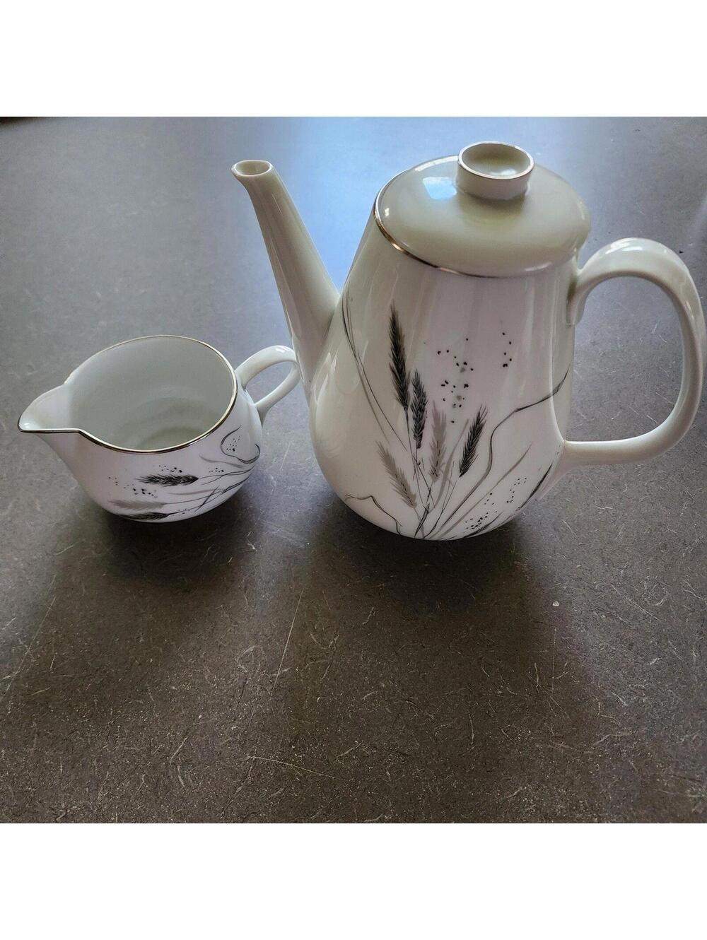 Easterling Ceres Coupe Germany Coffee Pot & Creamer Gray Wheat Mid Century Set